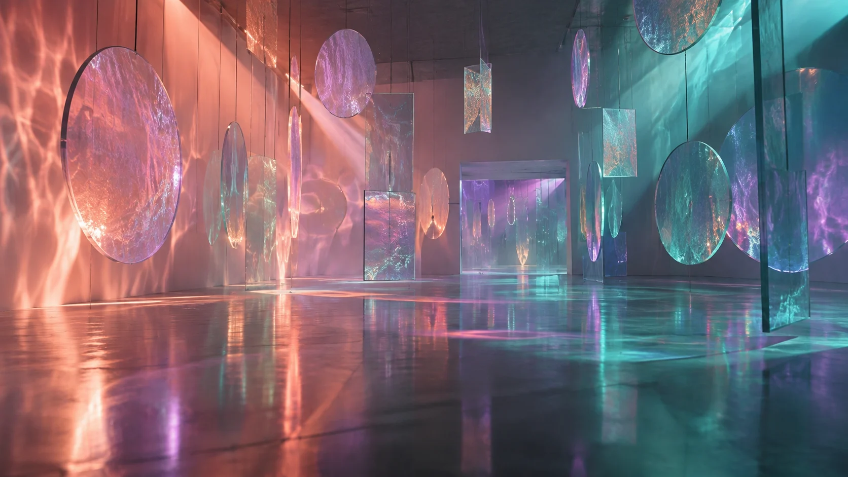 Immersive room filled with colorful glass shapes
