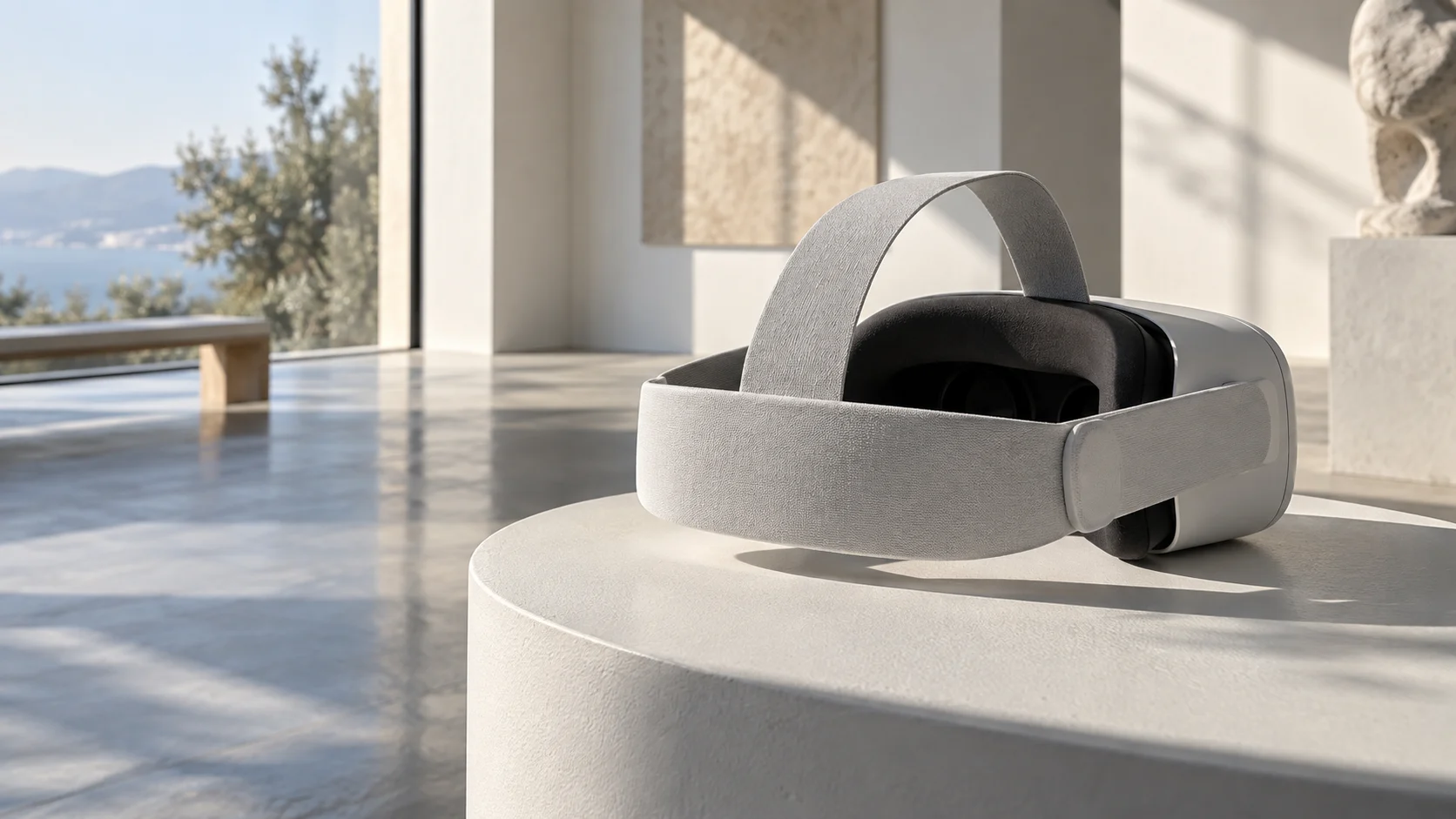 Unbranded virtual reality headset in a gallery