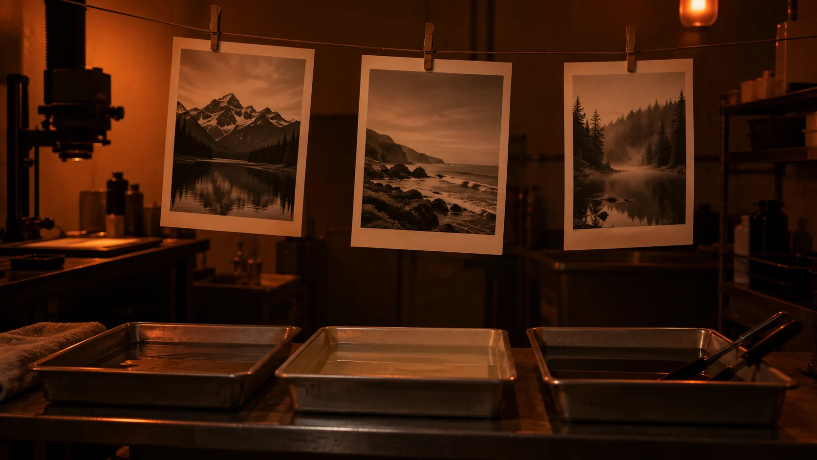 Photo prints developing in an amber darkroom