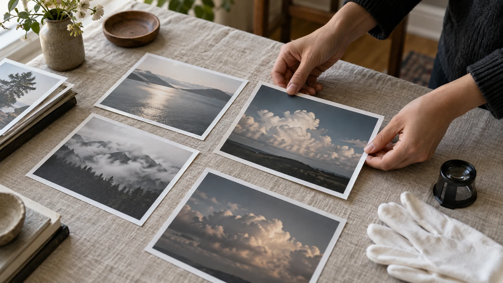 Hands arranging landscape photo prints on a table
