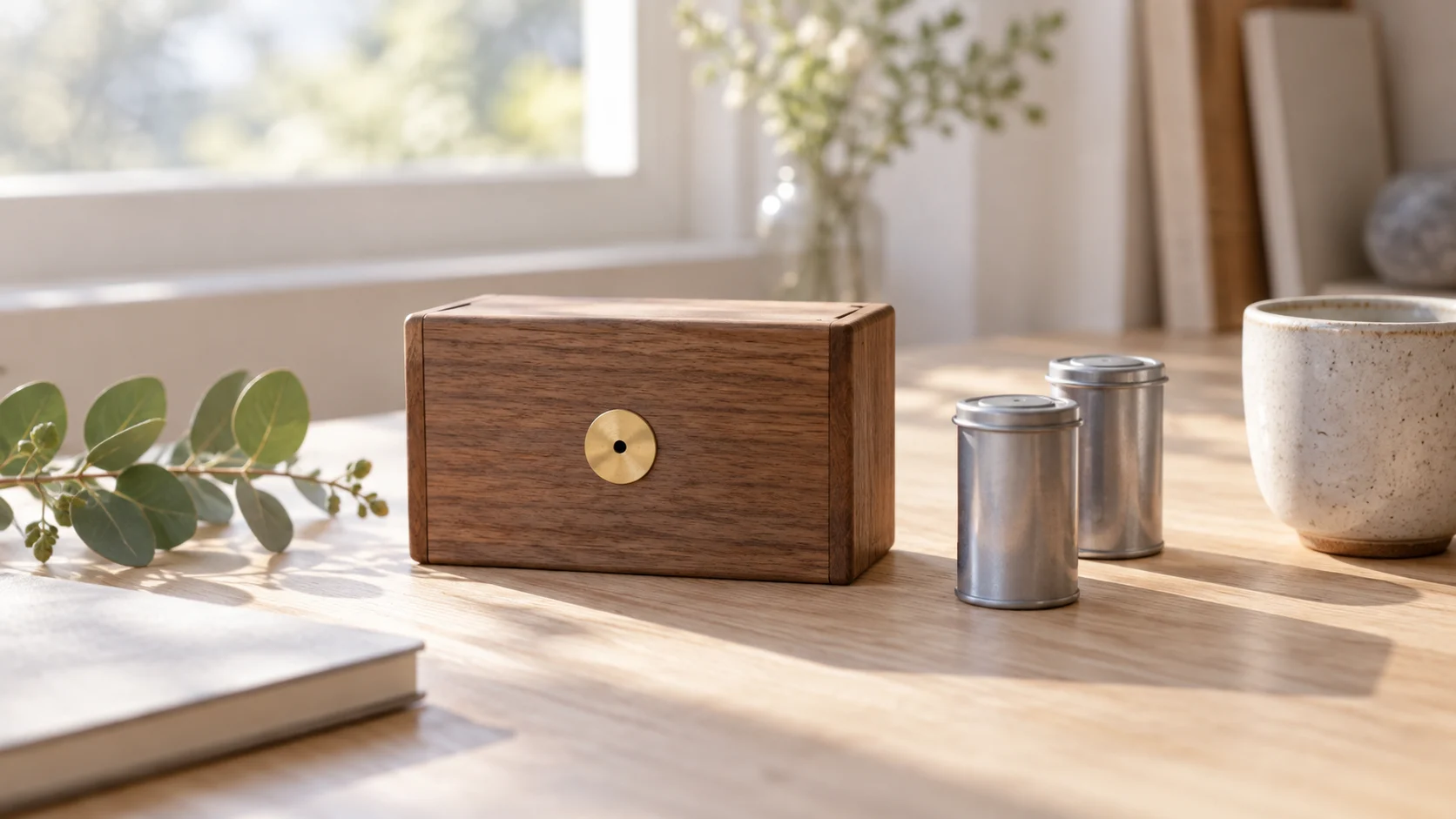 Handcrafted wooden pinhole camera in soft window light