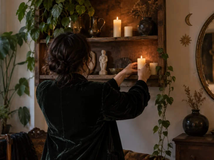 A person in a dark velvet jacket arranges candles on an eclectic shelf.