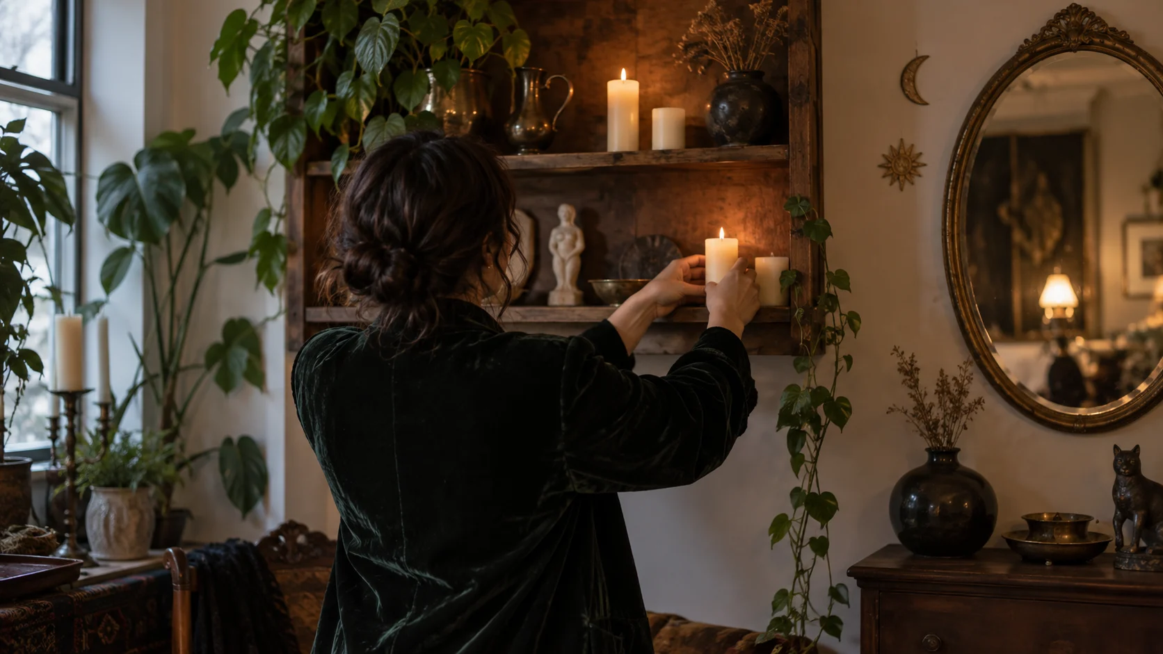 A person in a dark velvet jacket arranges candles on an eclectic shelf.