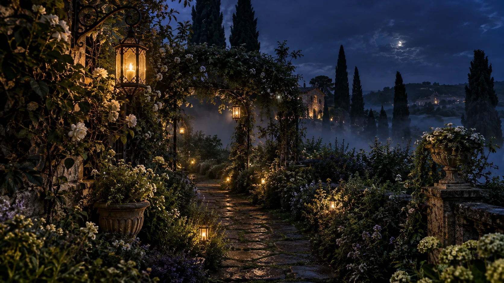 Warm lanterns line an overgrown garden path beneath an indigo sky.