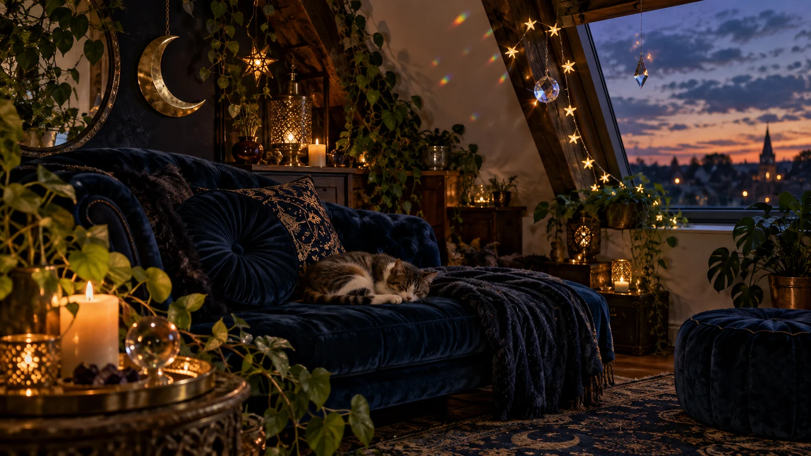 A cozy blue velvet attic room glows with candles and tiny lights at twilight.