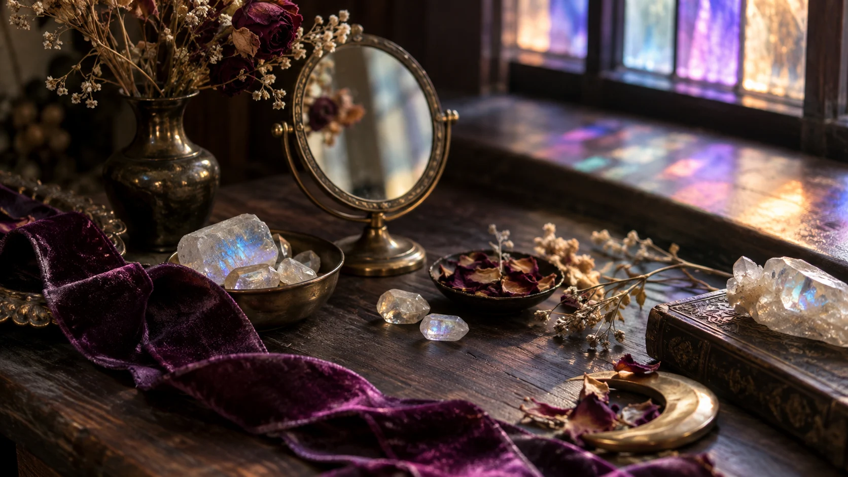 Velvet ribbon, crystals, dried flowers, and a brass mirror catch colorful light.