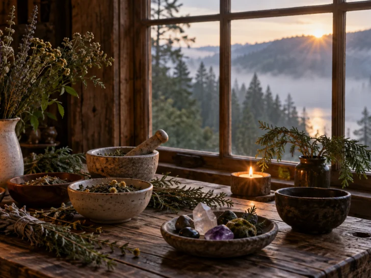 Herbs, candles, stones, and ceramic bowls cover a cabin table at sunrise.