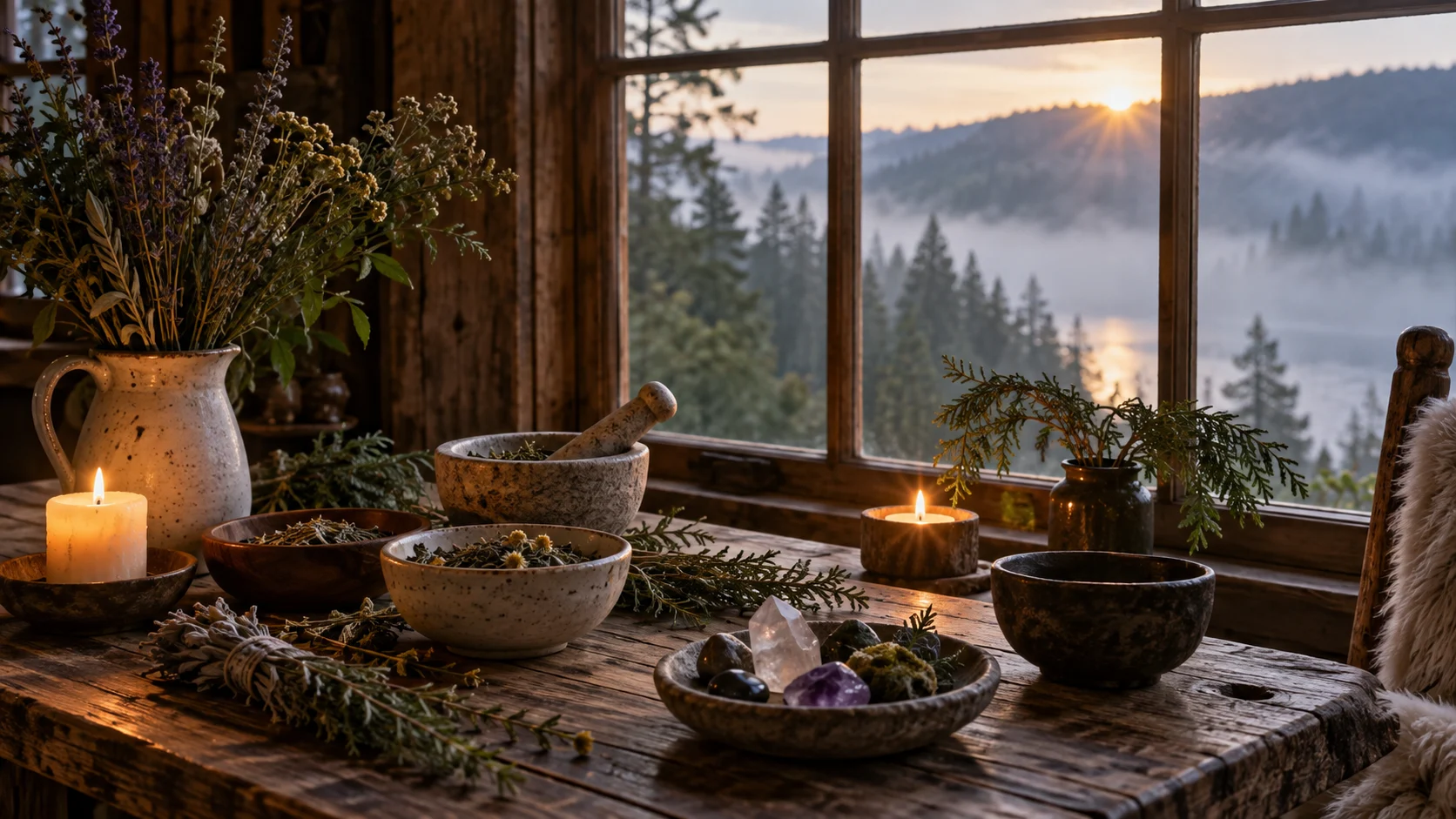 Herbs, candles, stones, and ceramic bowls cover a cabin table at sunrise.
