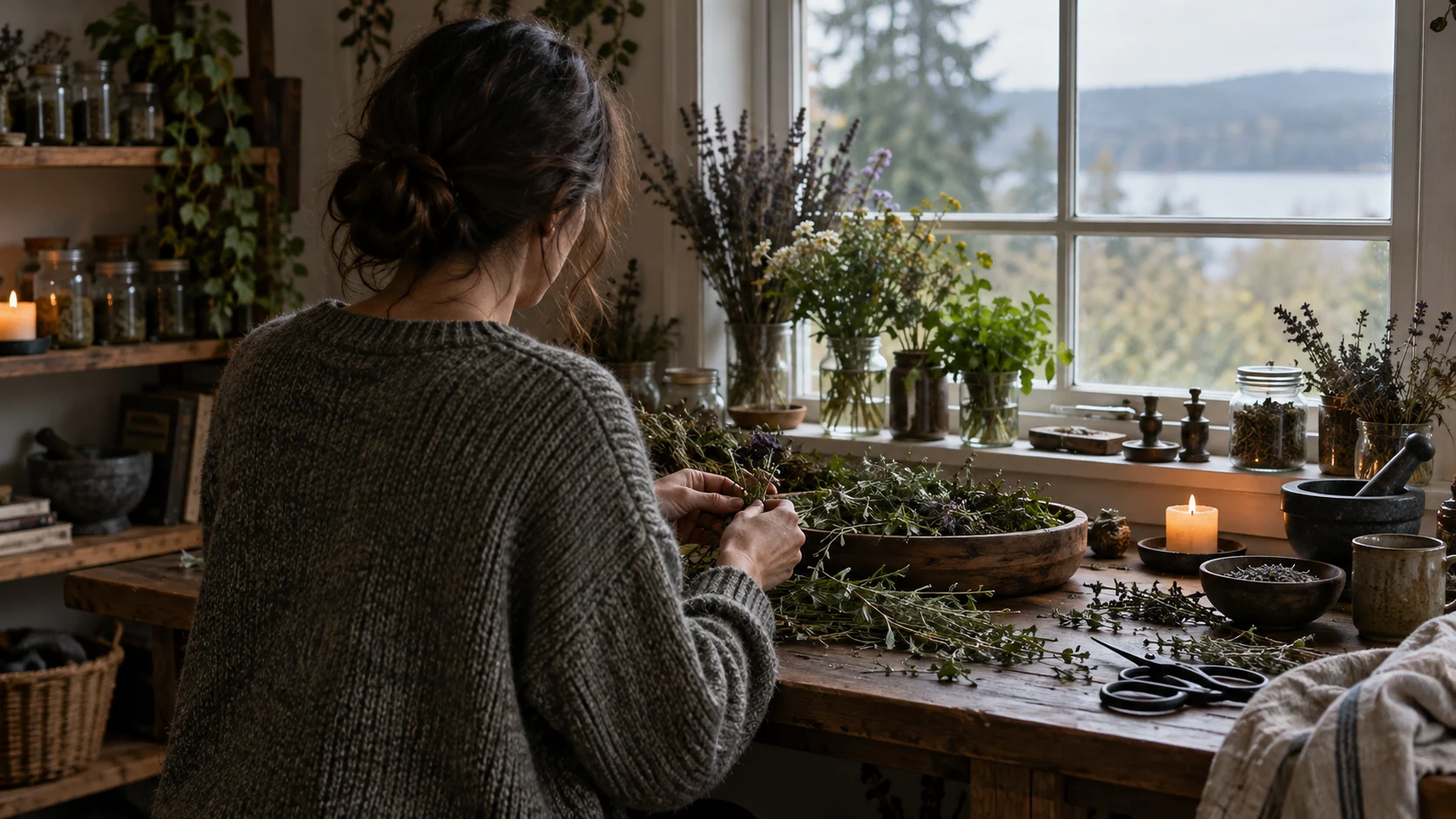 A person in a knit sweater gathers herbs beside a bright window.