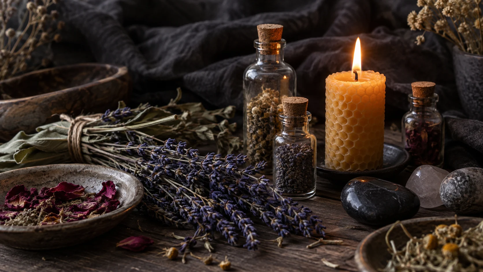 Dried herbs, plain glass bottles, and a beeswax candle rest on dark linen.