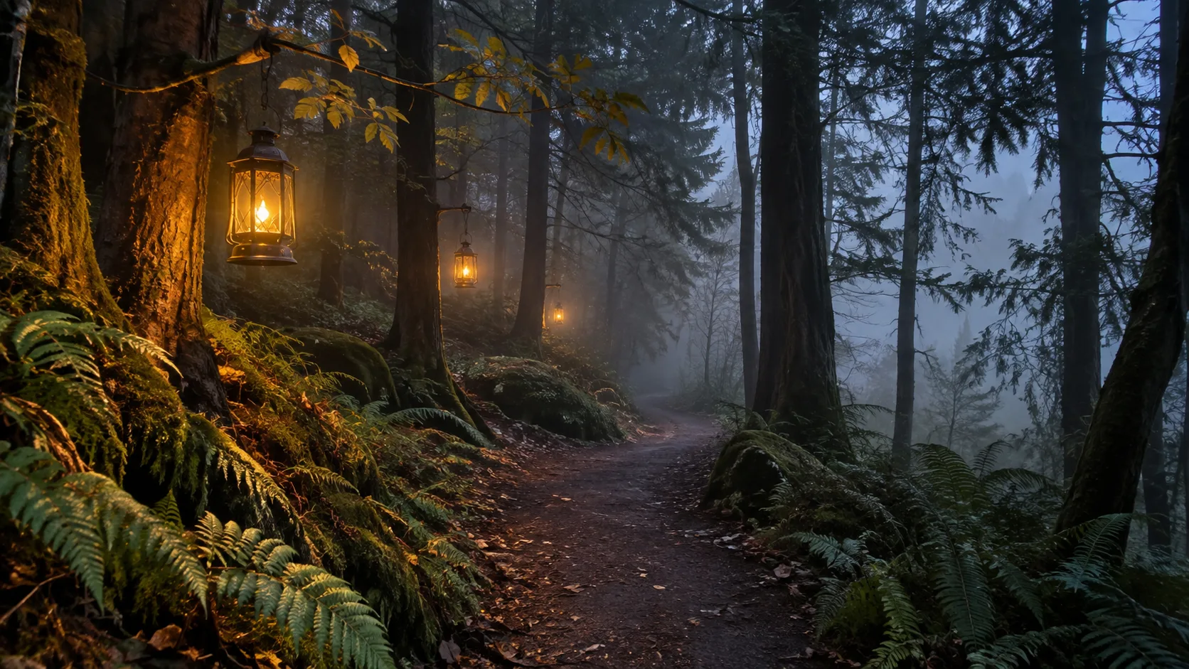 Lanterns glow beside a winding fern-lined forest trail in the fog.