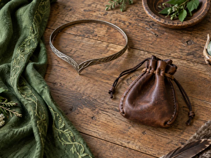 A plain circlet, leather pouch, green fabric, and wooden staff detail form a costume flat lay.