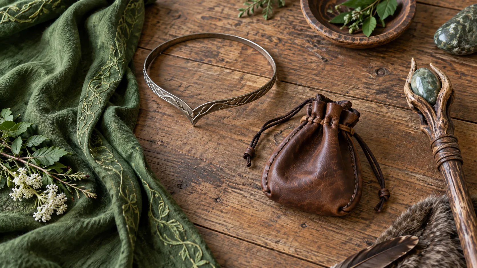 A plain circlet, leather pouch, green fabric, and wooden staff detail form a costume flat lay.