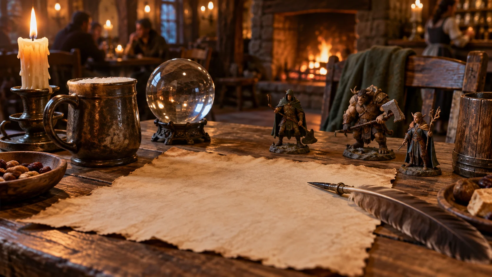 Blank parchment, a quill, glass orb, and original fantasy figurines fill a firelit inn table.