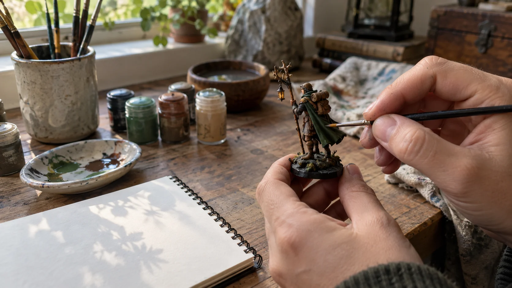 An artisan paints an original fantasy adventurer figurine at a sunlit workshop table.