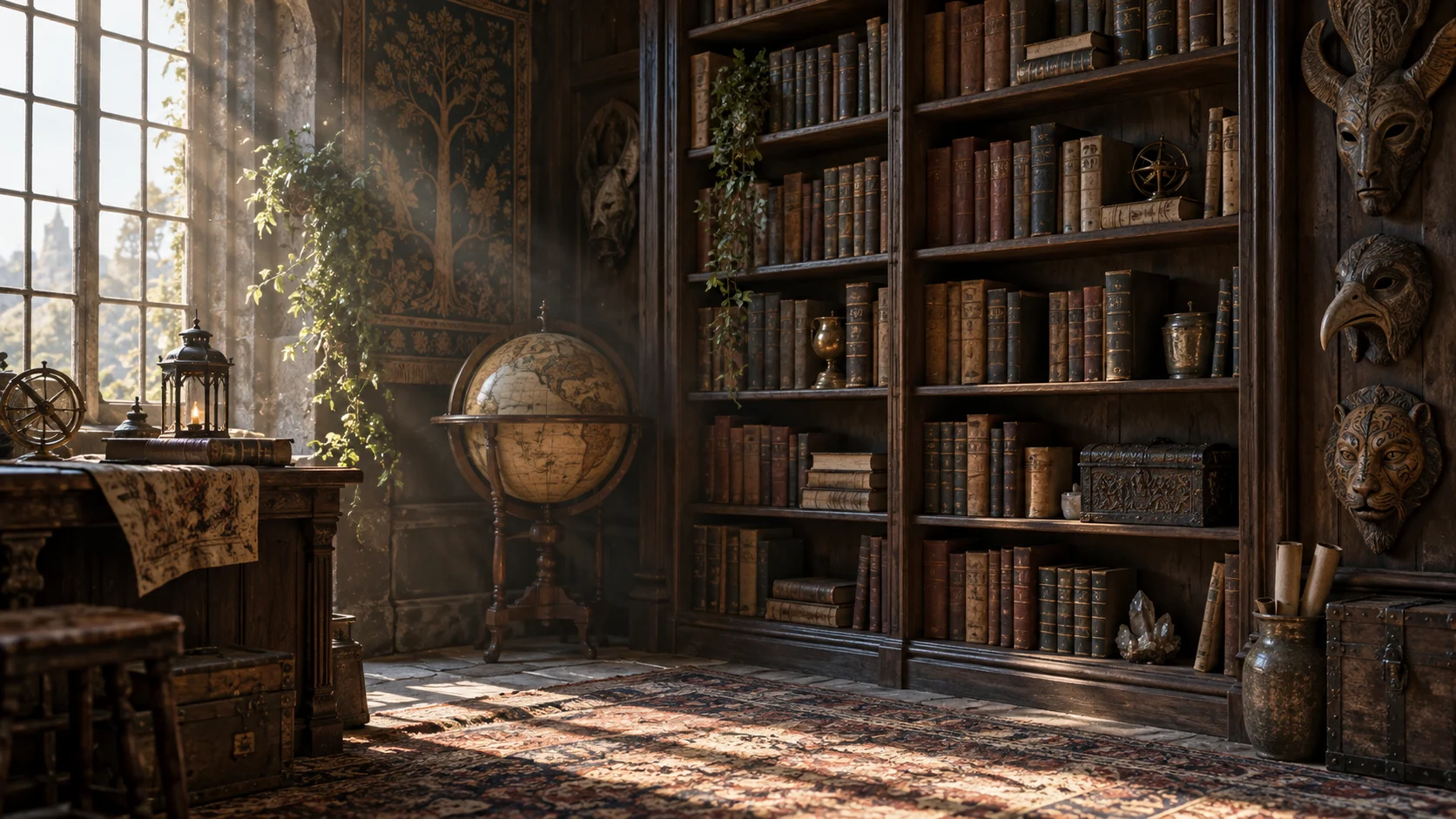 A rustic library corner displays blank-spined books, a globe, lantern, and carved masks.
