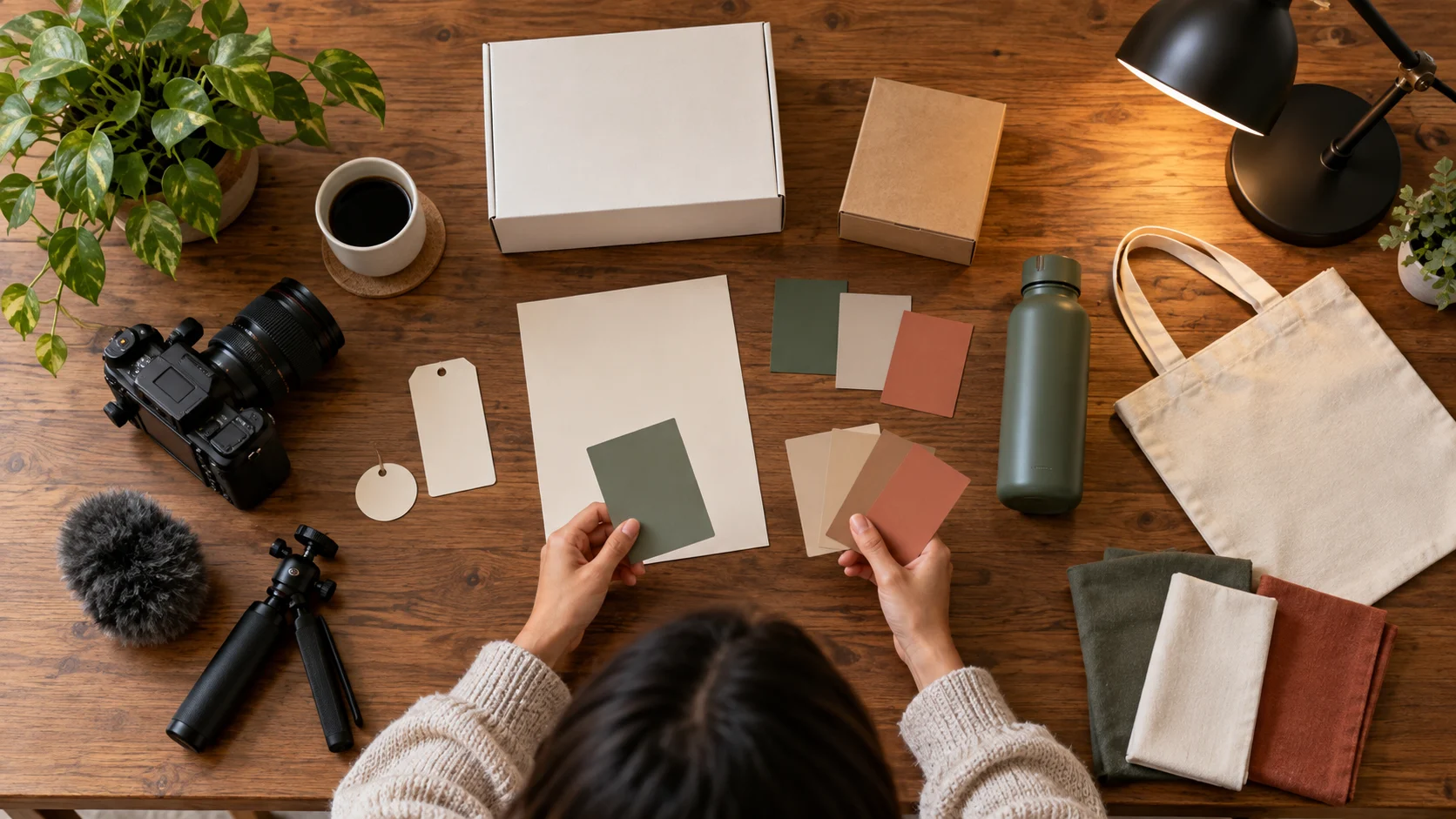 A creator compares blank color swatches beside plain packaging and camera gear.