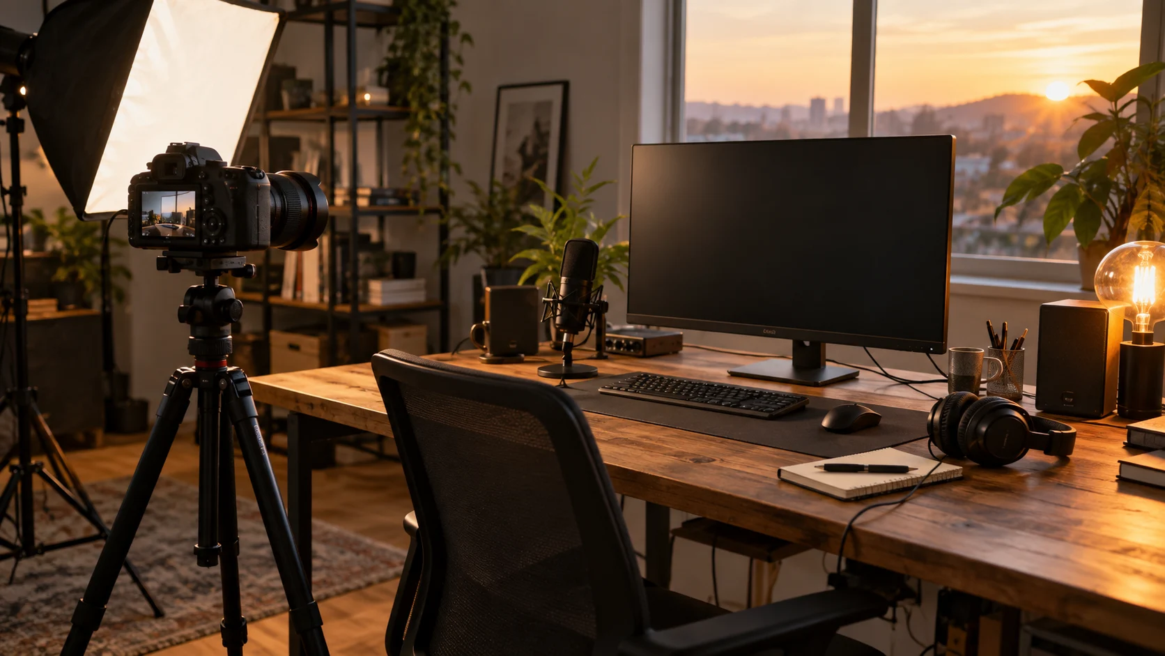 Camera, microphone, headphones, and blank monitor in a creator studio at sunset.