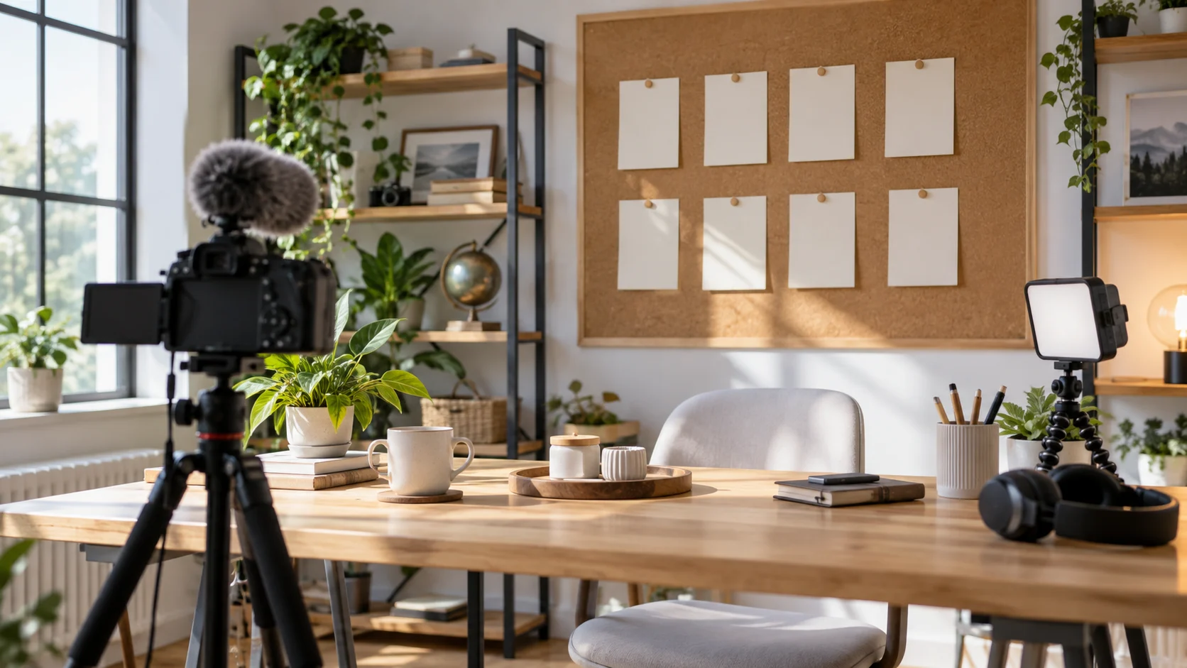 A camera faces a home studio desk and a board of blank planning cards.