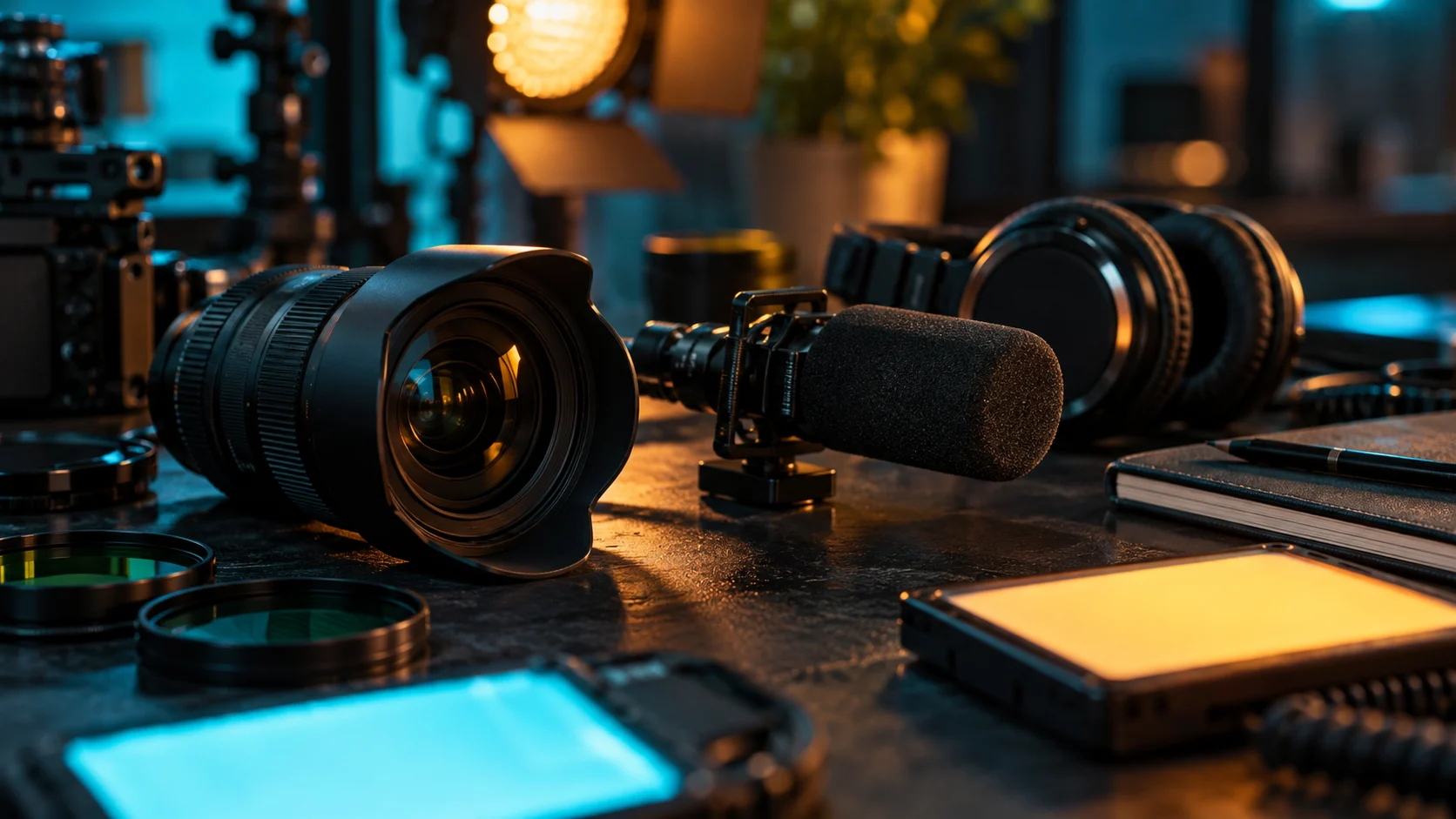 Camera lens, microphone, and headphones rest on a cinematic studio workbench.