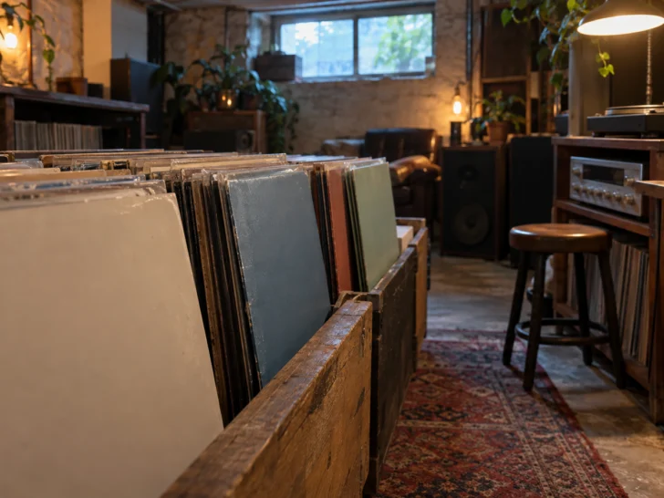 Plain record sleeves fill a cozy underground music shop.