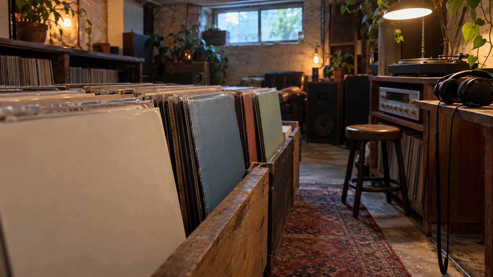 Plain record sleeves fill a cozy underground music shop.