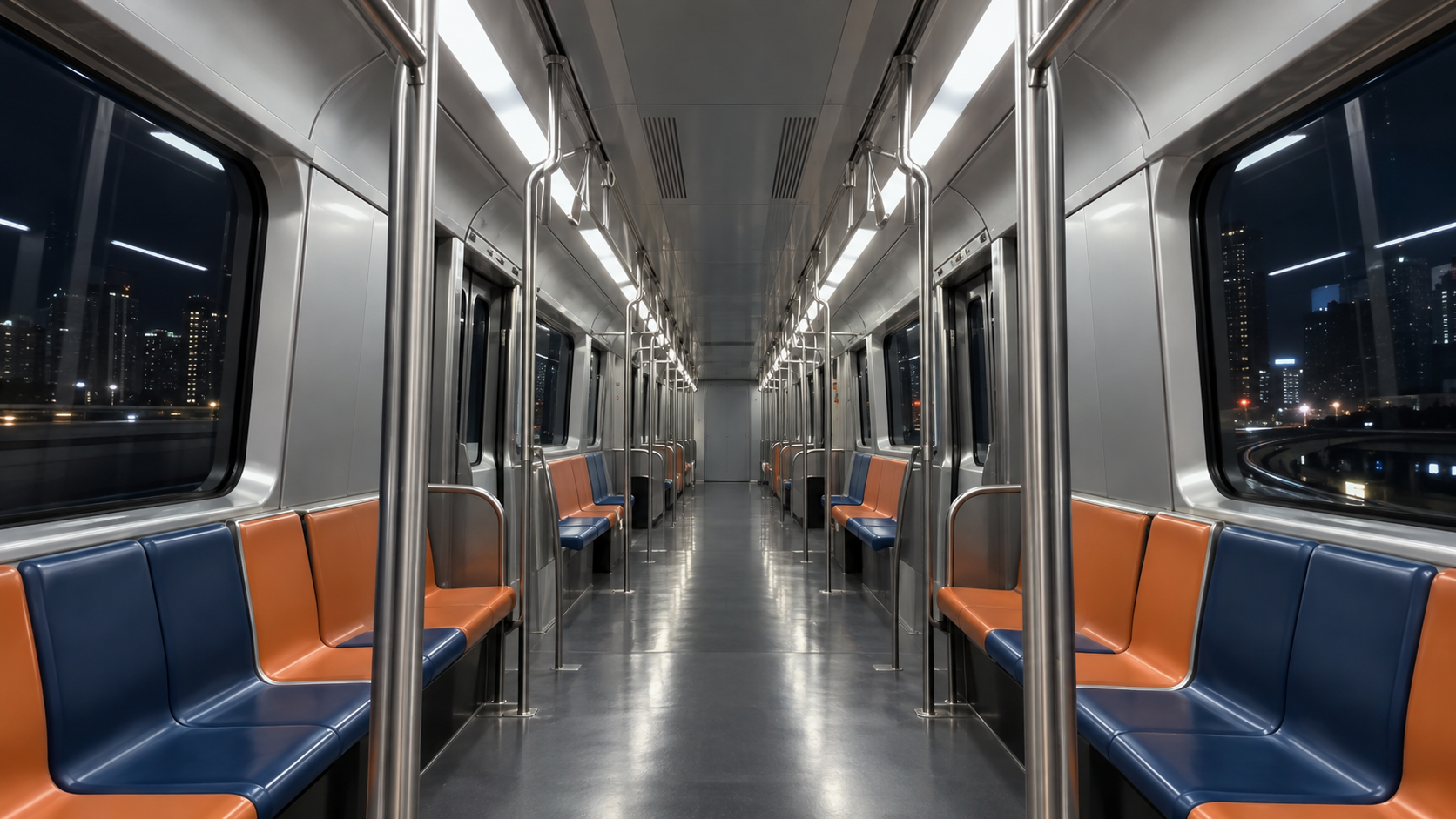 An empty orange-and-blue monorail carriage travels through the city at night.