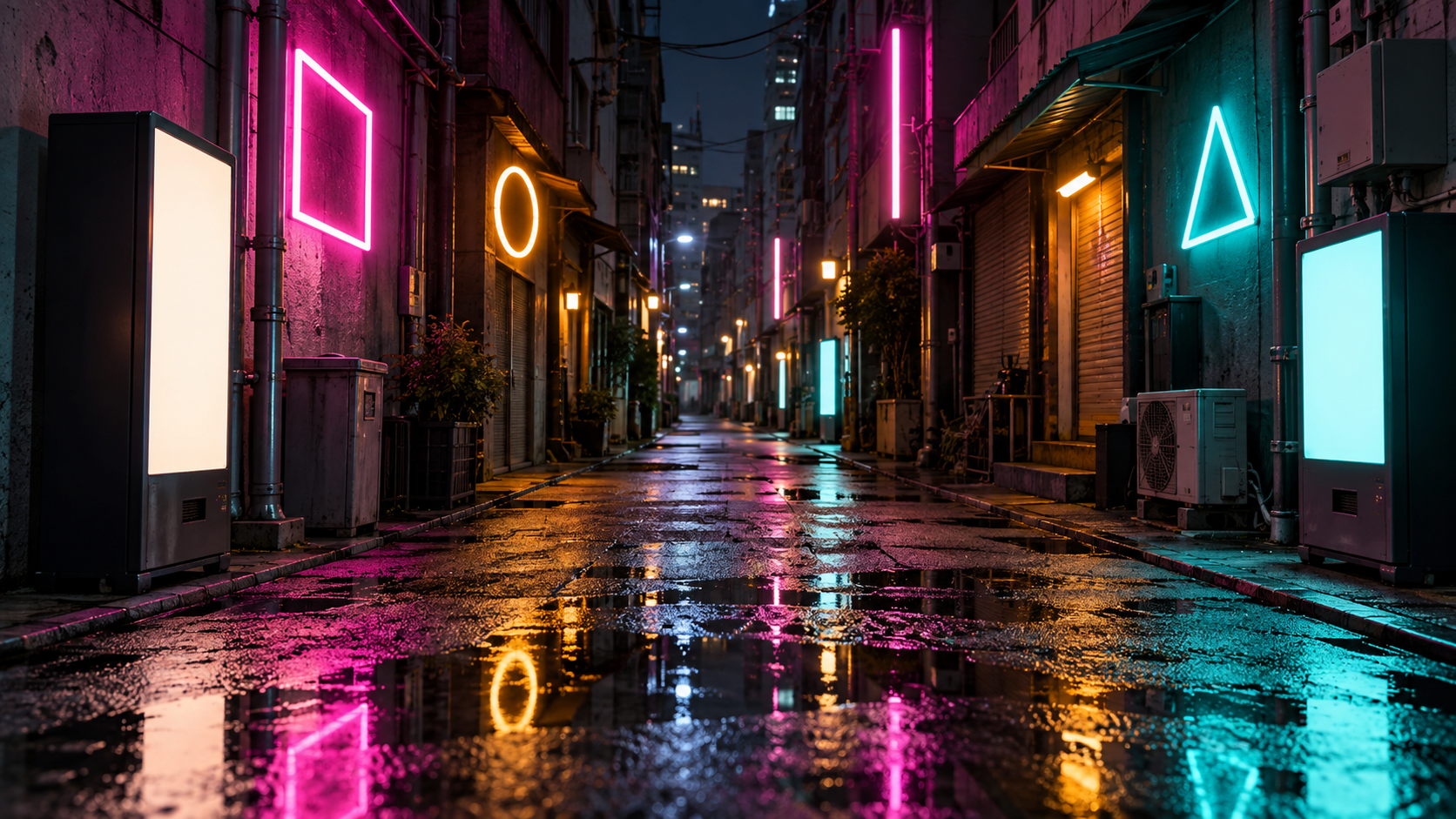 Geometric neon shapes reflect across an empty rain-wet city alley.