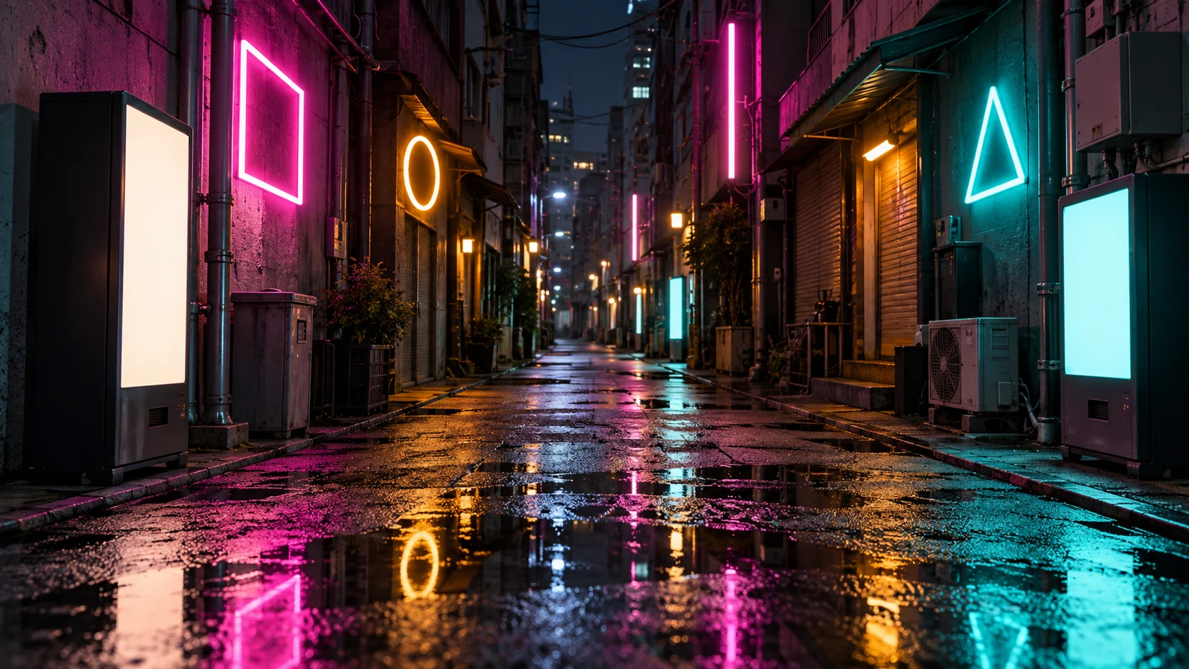 Geometric neon shapes reflect across an empty rain-wet city alley.