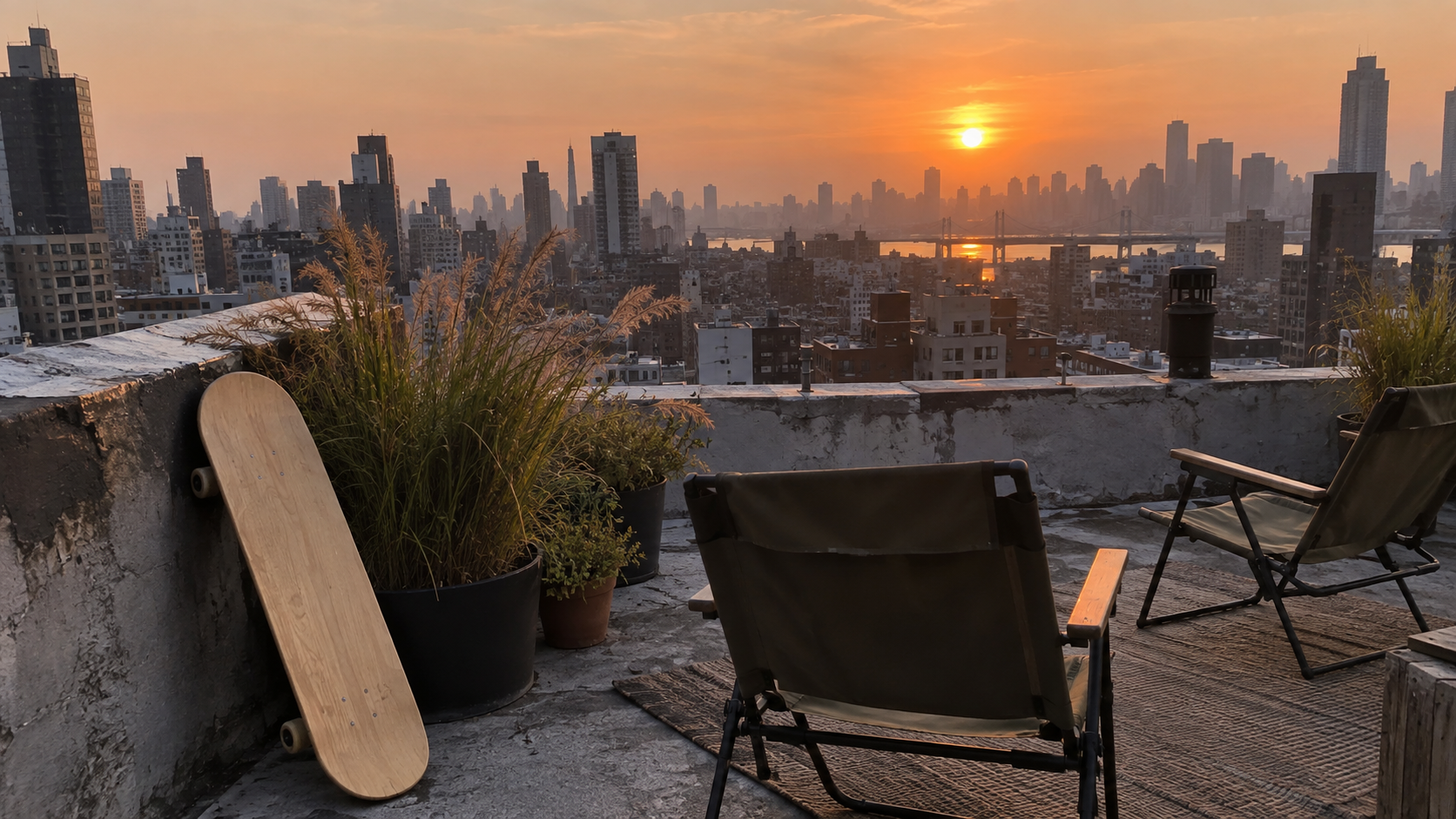 Empty chairs and a plain skateboard overlook a dense city at sunset.