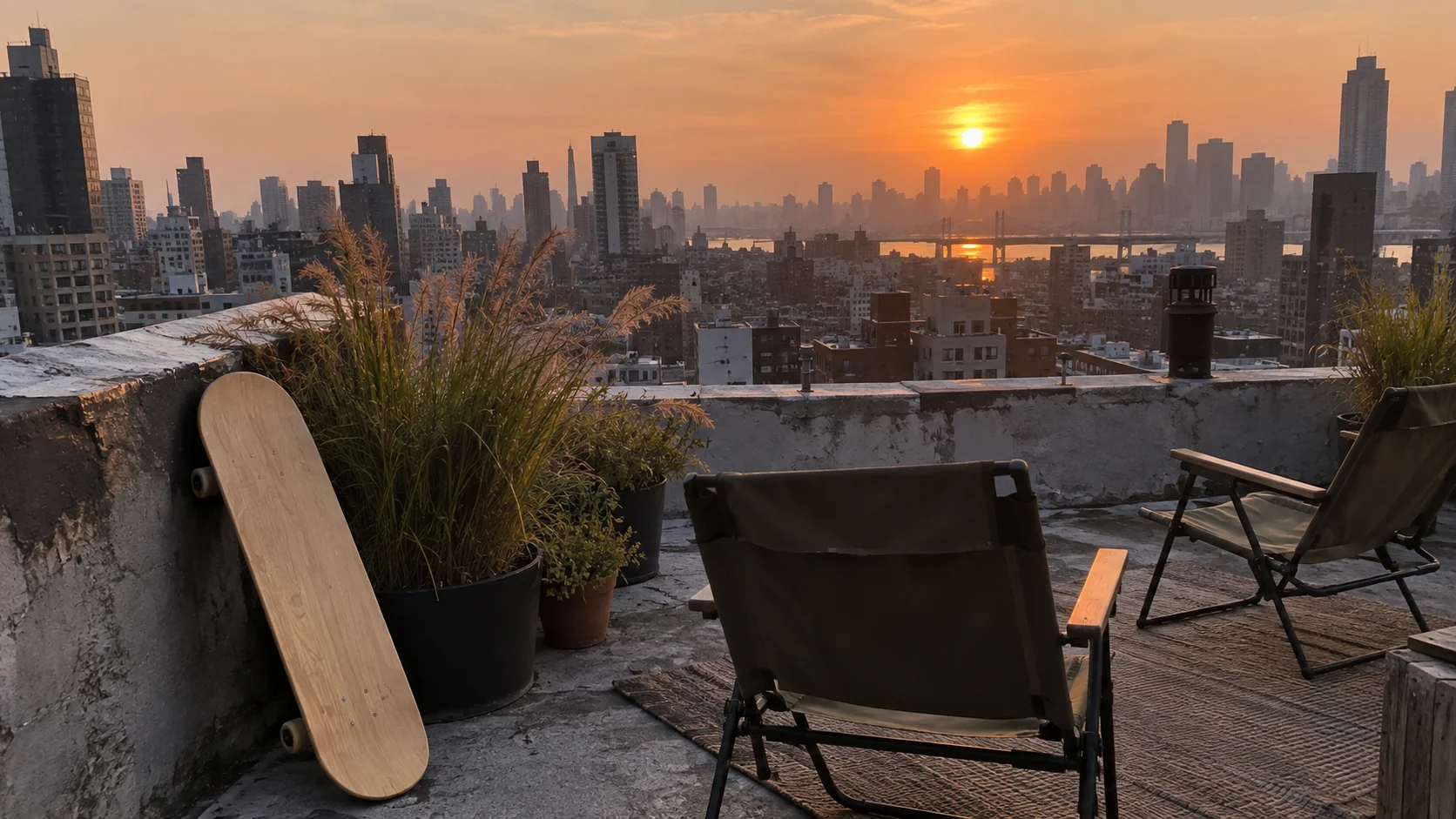 Empty chairs and a plain skateboard overlook a dense city at sunset.